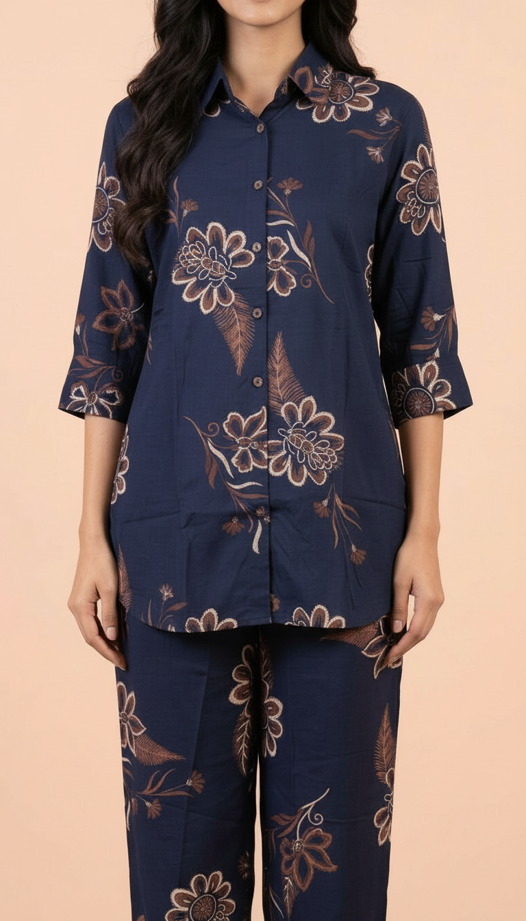 Floral Printed Stitched Cotton Cord Set Suit - Nevy Blue 6612 / HC002481 view 5