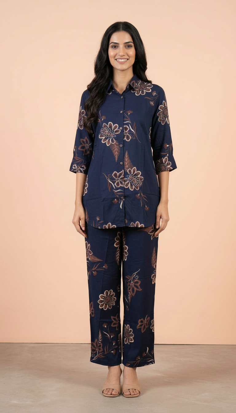 Floral Printed Stitched Cotton Cord Set Suit - Nevy Blue 6612 / HC002481 view 3