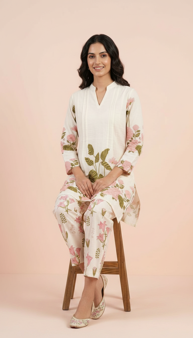 Pure Cotton Printed Cord Set Suit White And Pink / HC002483 view 5