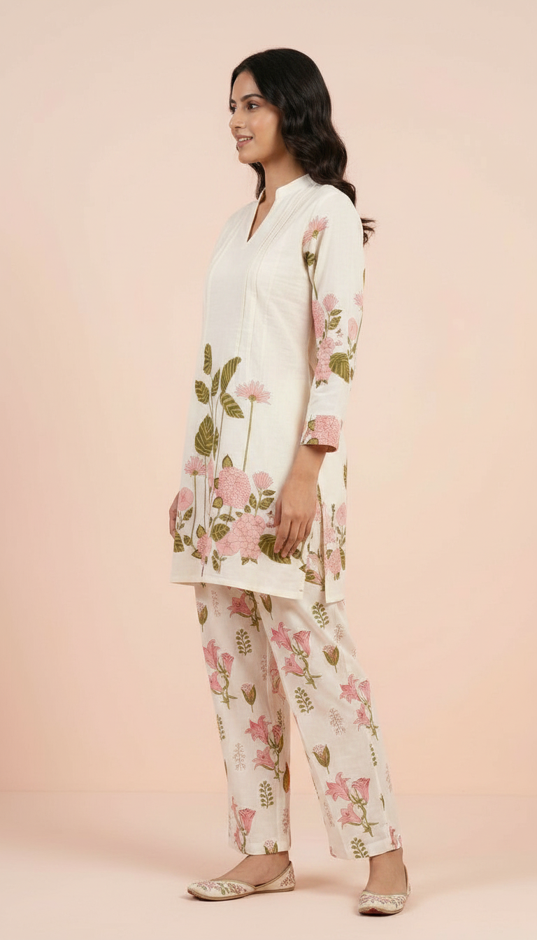 Pure Cotton Printed Cord Set Suit White And Pink / HC002483 view 2