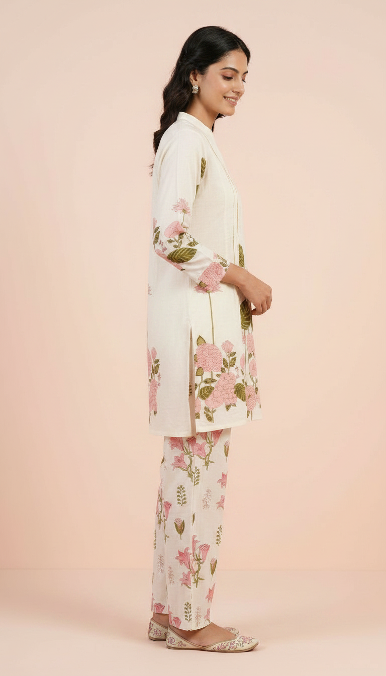 Pure Cotton Printed Cord Set Suit White And Pink / HC002483 view 3