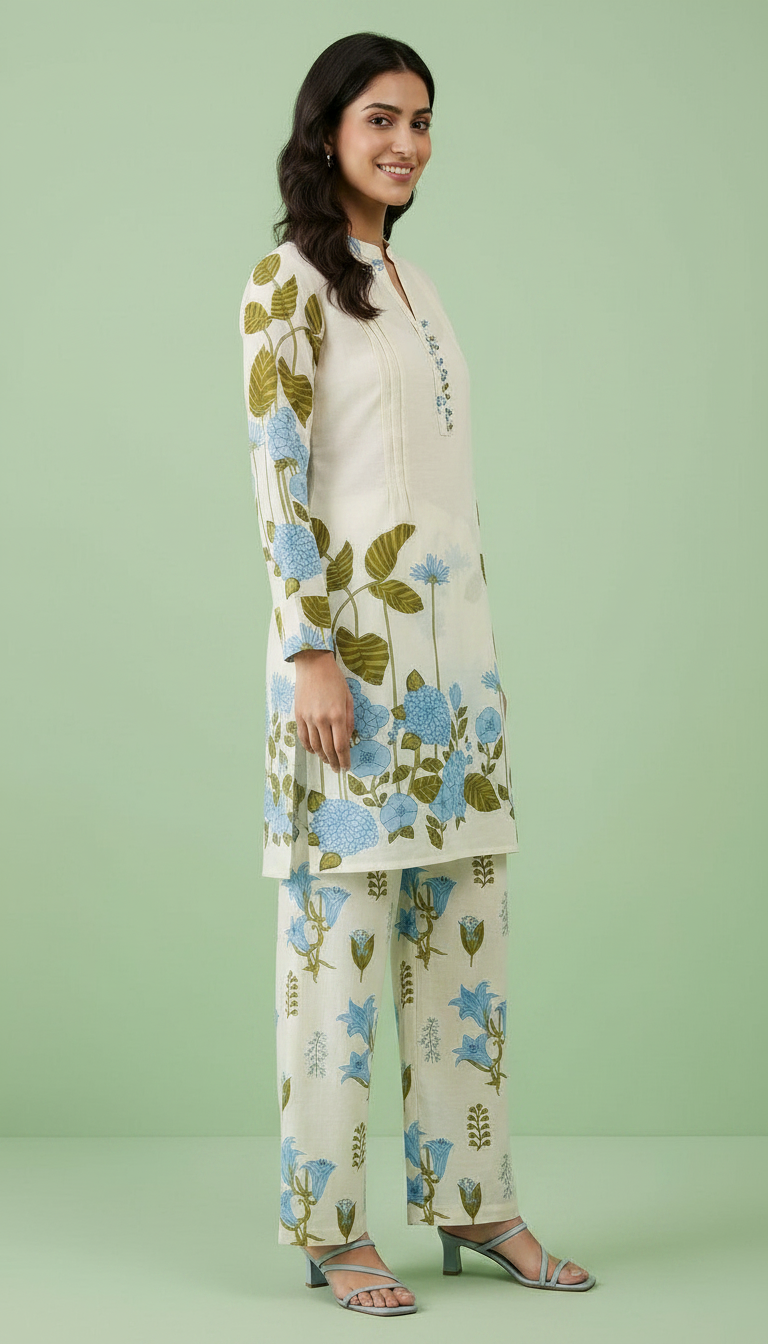 Floral Pure Cotton Printed Cord Set Suit - White Blue 1014 / HC002483 view 4