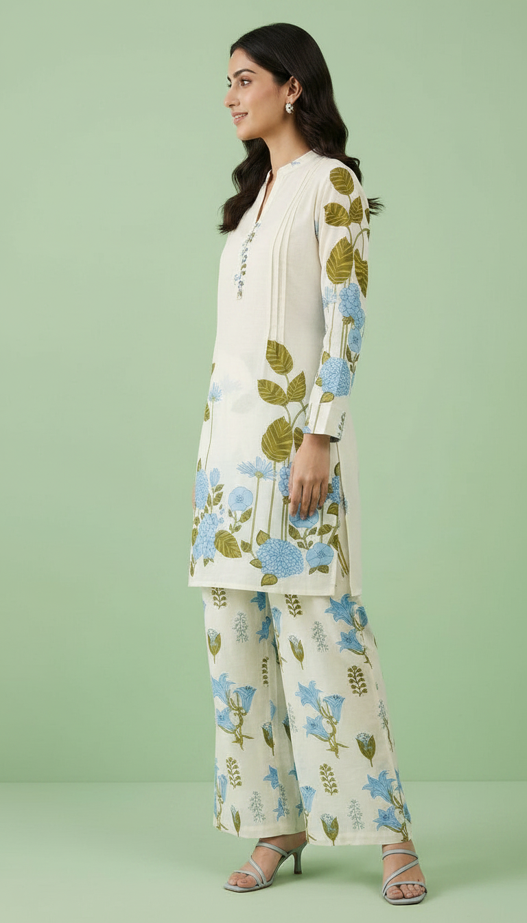 Floral Pure Cotton Printed Cord Set Suit - White Blue 1014 / HC002483 view 2