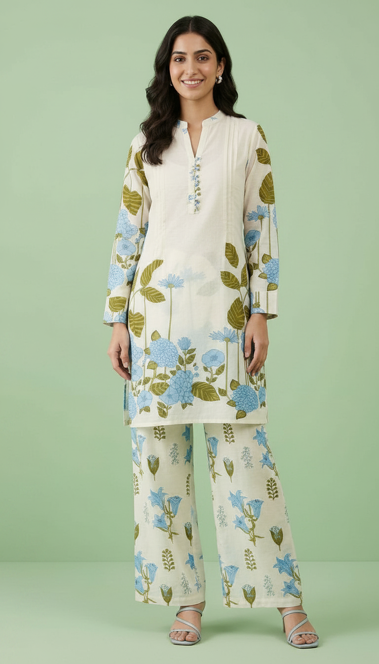 Floral Pure Cotton Printed Cord Set Suit - White Blue 1014 / HC002483 view 3