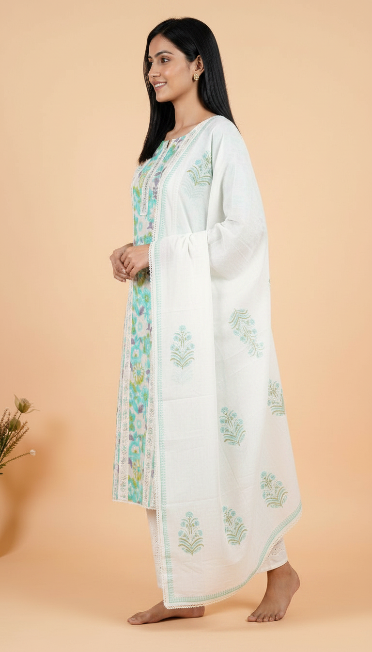 Unstitched Boutique Stylish Cotton Suit - W Firozi / HC002236 view 2