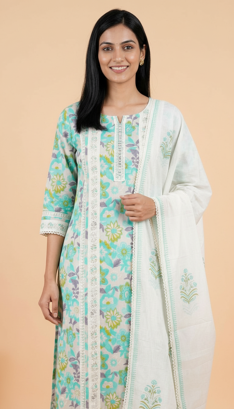Unstitched Boutique Stylish Cotton Suit - W Firozi / HC002236 view 3