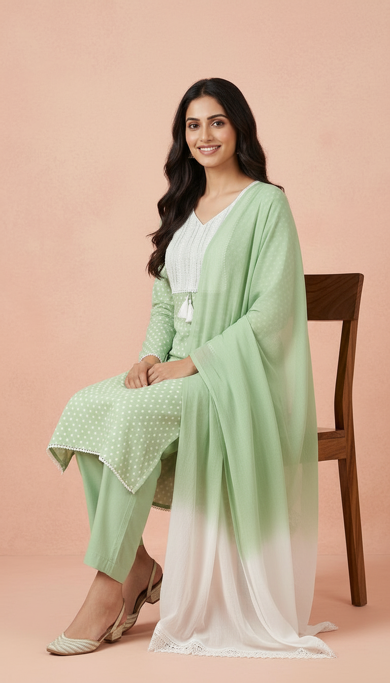 Chic Polka Dot  Pure Cotton Unstitched Suit - Green A / HC001673 view 5