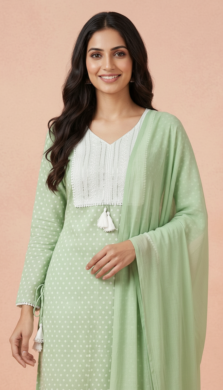 Chic Polka Dot  Pure Cotton Unstitched Suit - Green A / HC001673 view 4