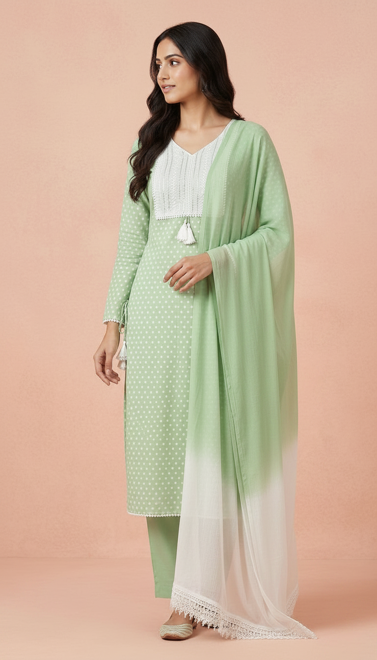 Chic Polka Dot  Pure Cotton Unstitched Suit - Green A / HC001673 view 2