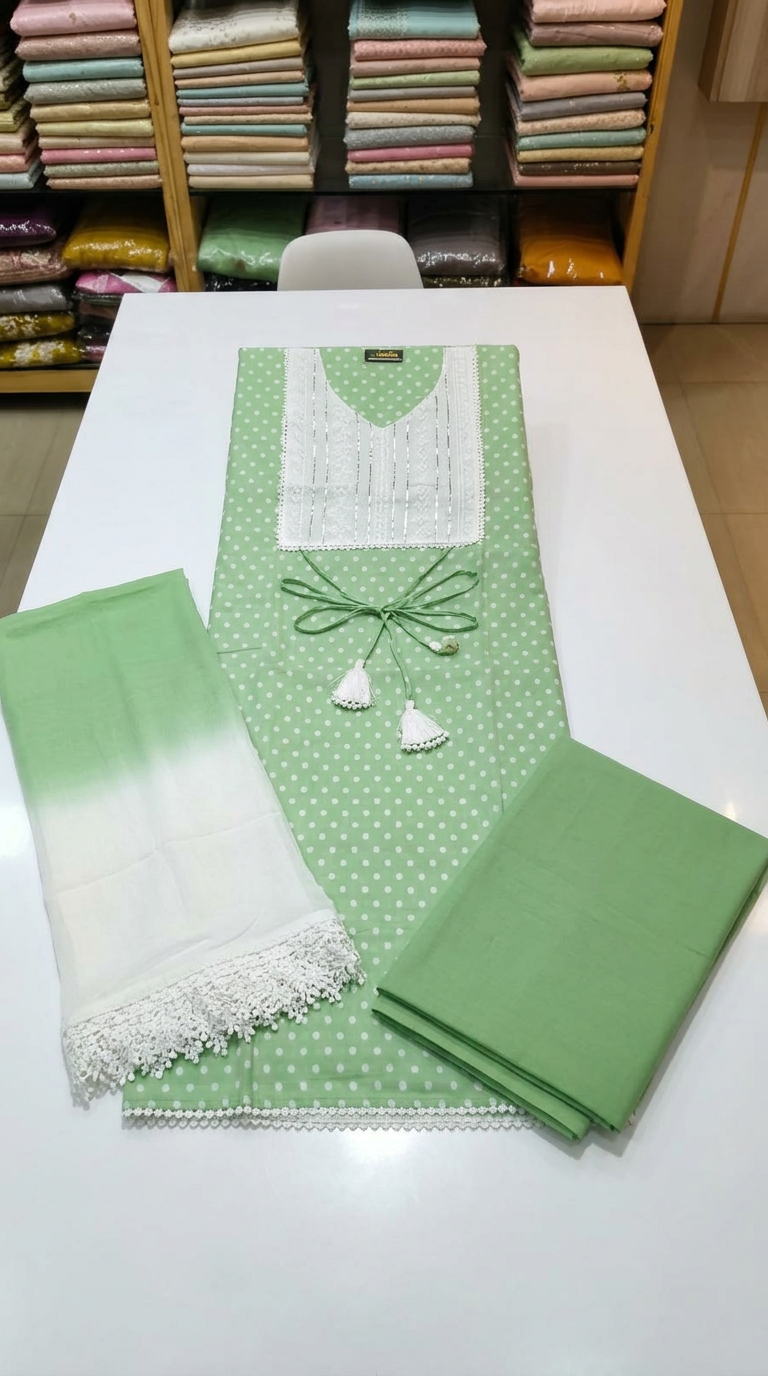 Chic Polka Dot  Pure Cotton Unstitched Suit - Green A / HC001673 view 6