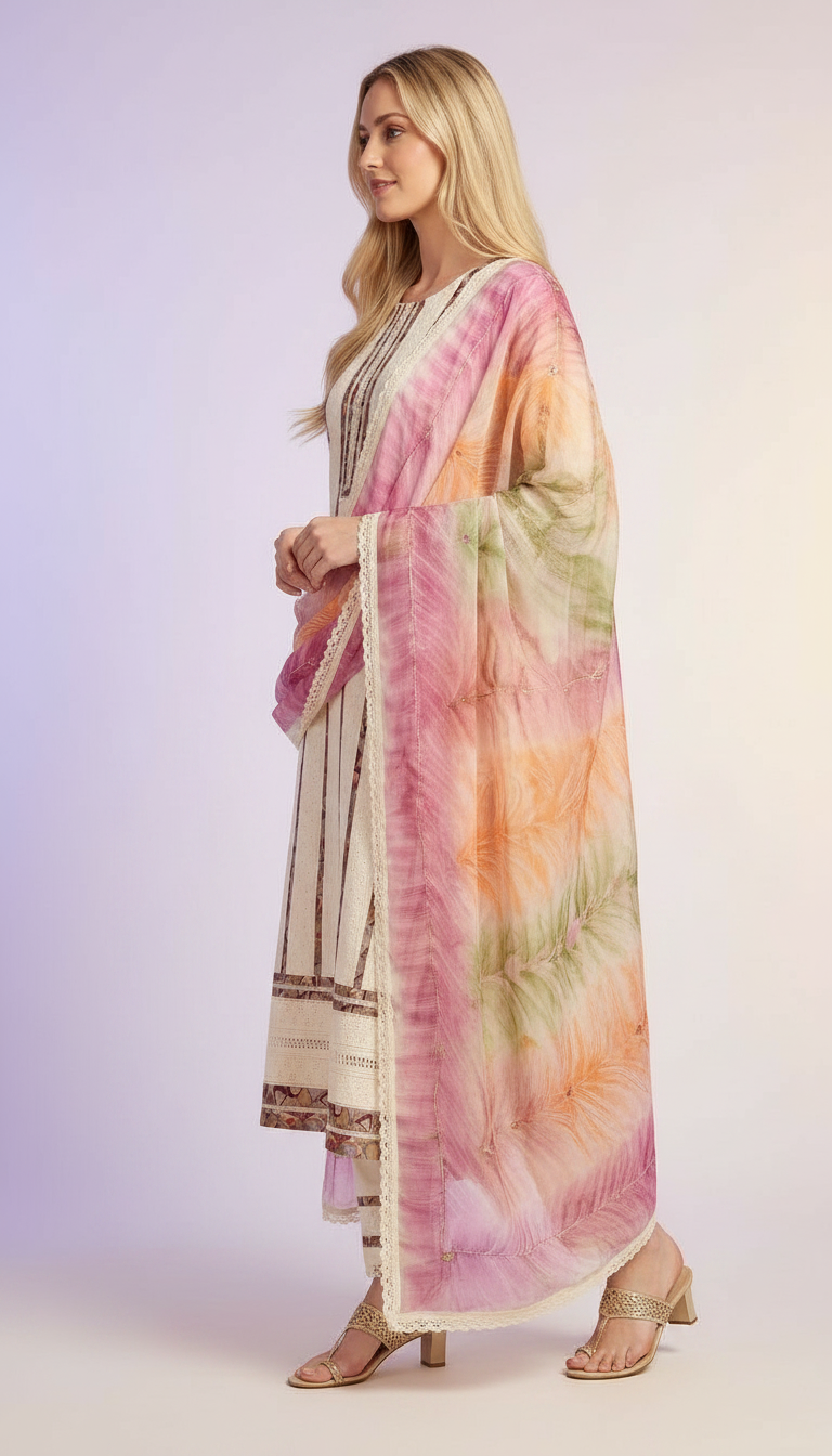 Elegant Pure Cotton Aplic.Work Unstitched Suit - Cream A 16  / HC001672 view 2