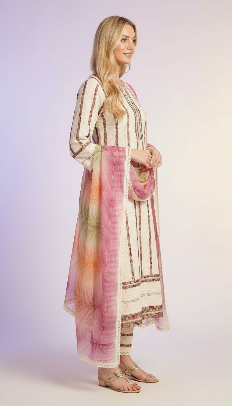 Elegant Pure Cotton Aplic.Work Unstitched Suit - Cream A 16  / HC001672 view 3