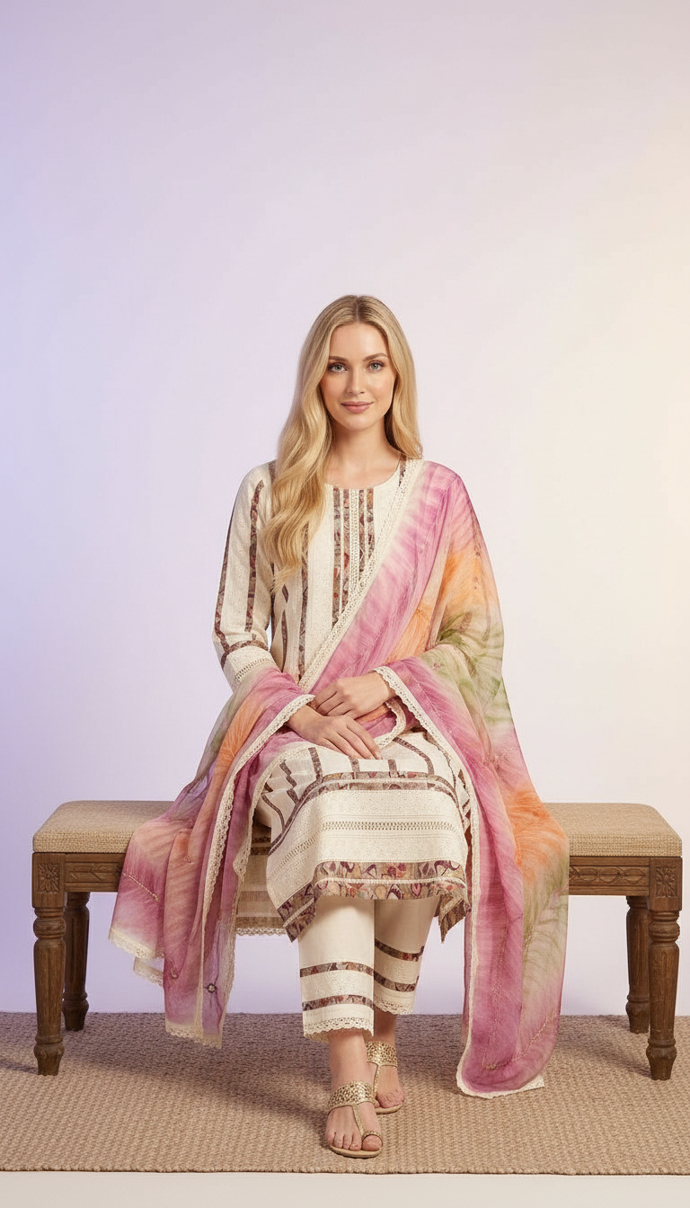 Elegant Pure Cotton Aplic.Work Unstitched Suit - Cream A 16  / HC001672 view 5
