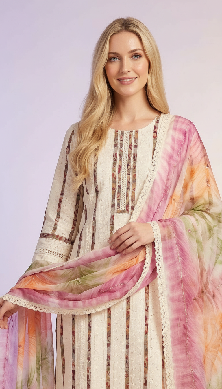 Elegant Pure Cotton Aplic.Work Unstitched Suit - Cream A 16  / HC001672 view 4