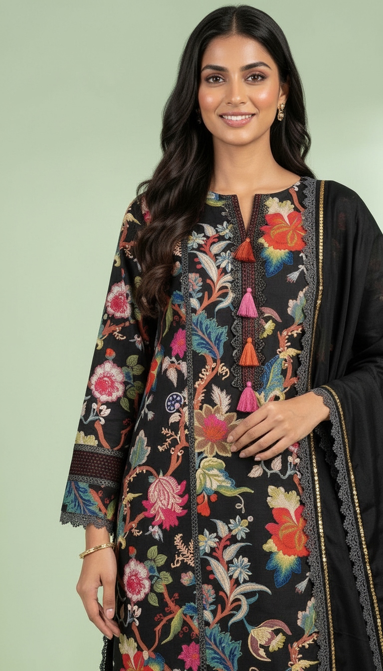 Embroidered Lees Cotton Designer Unstitched Suit - Black / HC002252 view 4