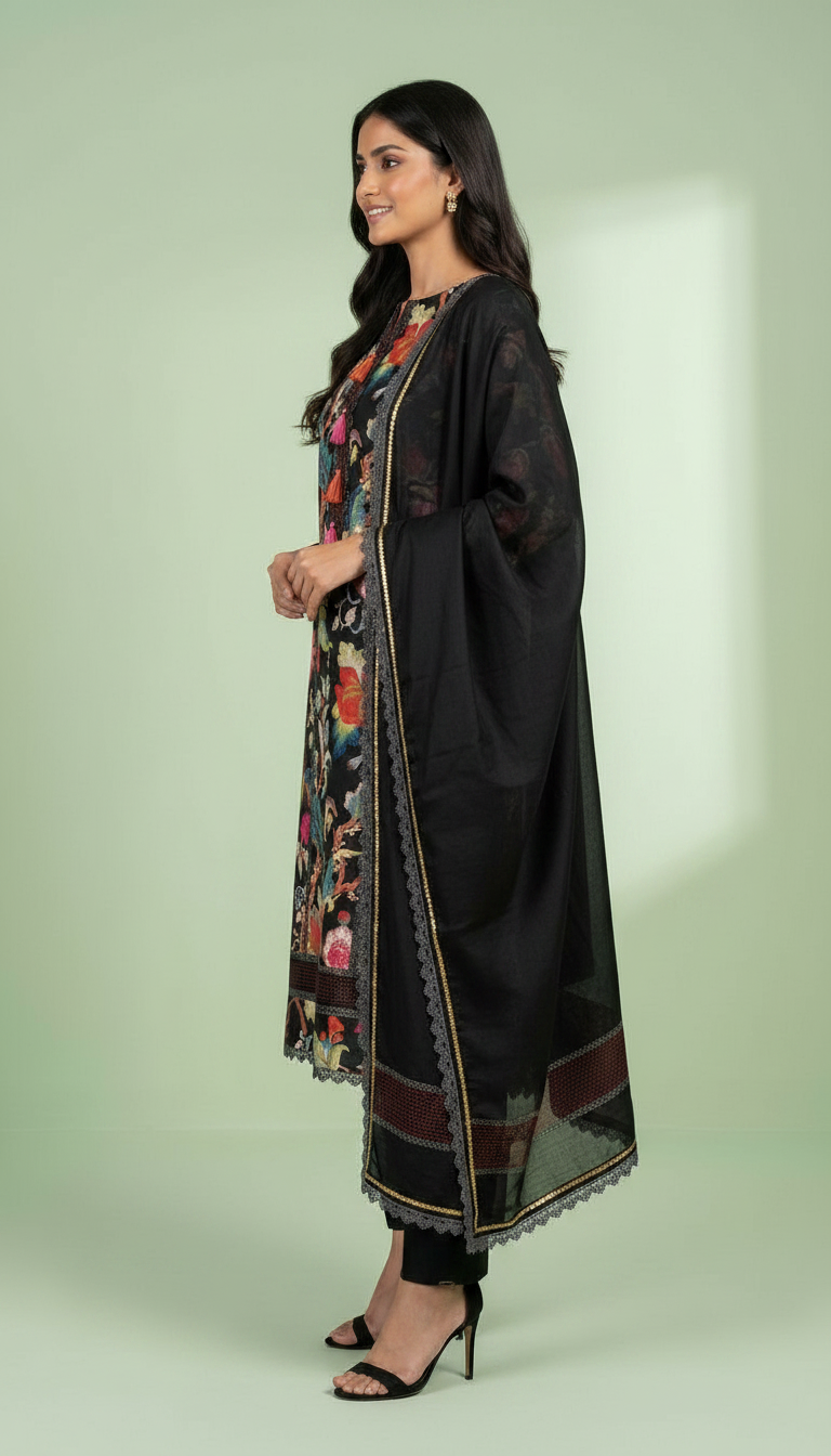 Embroidered Lees Cotton Designer Unstitched Suit - Black / HC002252 view 2