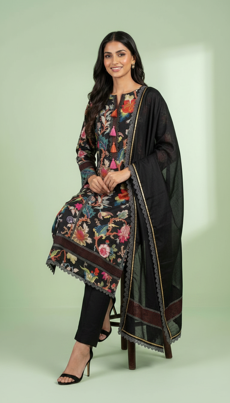 Embroidered Lees Cotton Designer Unstitched Suit - Black / HC002252 view 5