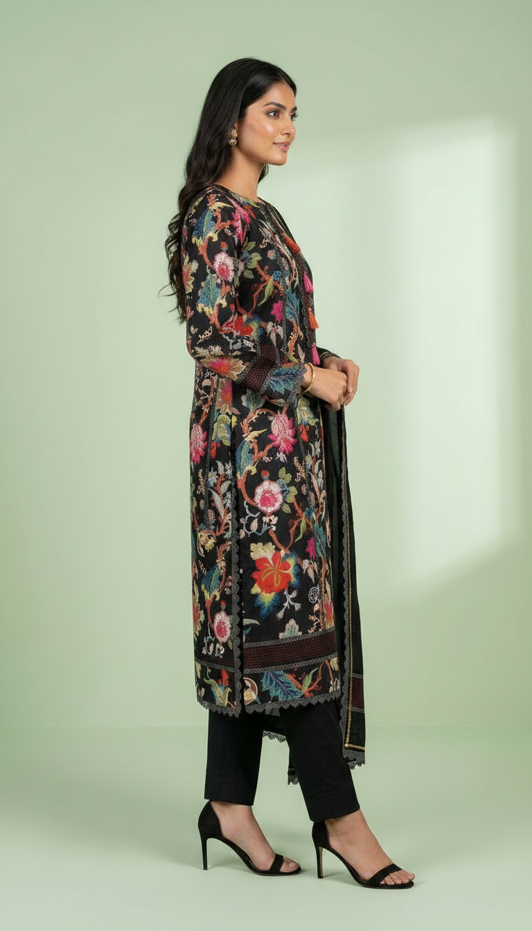 Embroidered Lees Cotton Designer Unstitched Suit - Black / HC002252 view 3