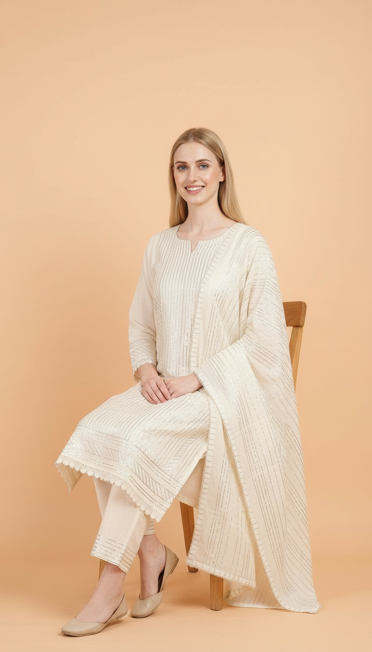 Gota Patti Work Pure Soft Cotton Unstitched Suit - Cream A / HC001665 view 3