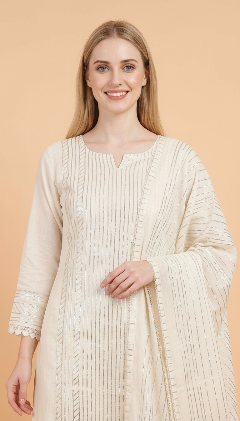 Gota Patti Work Pure Soft Cotton Unstitched Suit - Cream A / HC001665 view 2