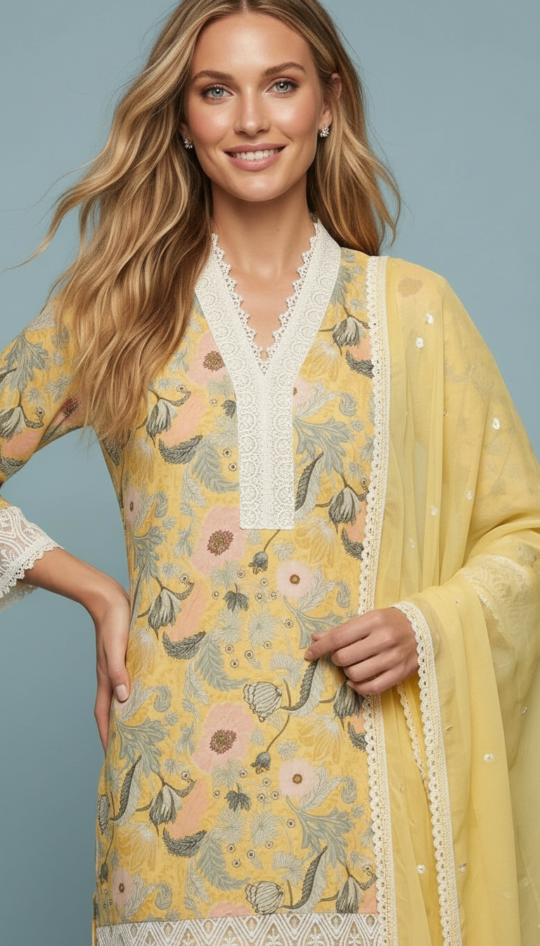 Printed Soft Cotton Lees Work Unstitched Suit - Yellow A / HC001672 view 4