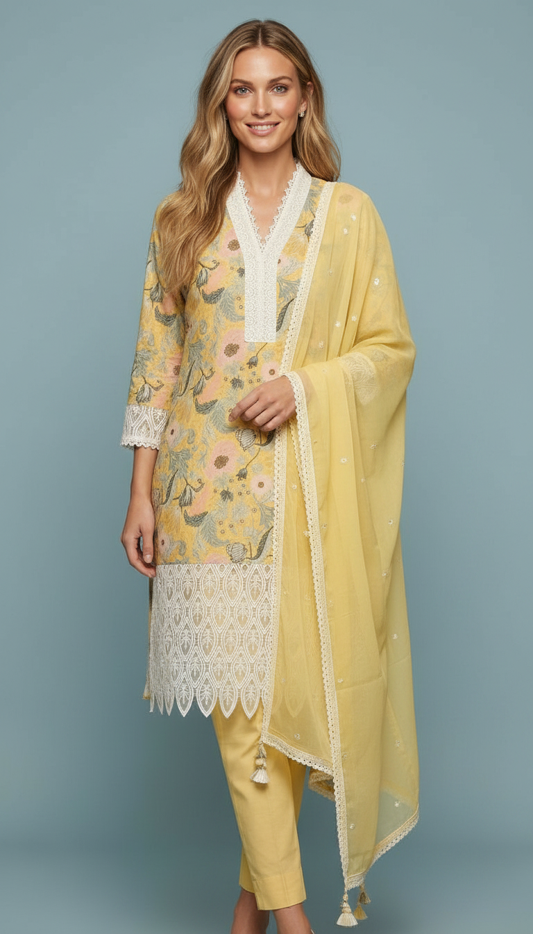 Printed Soft Cotton Lees Work Unstitched Suit - Yellow A / HC001672 view 6