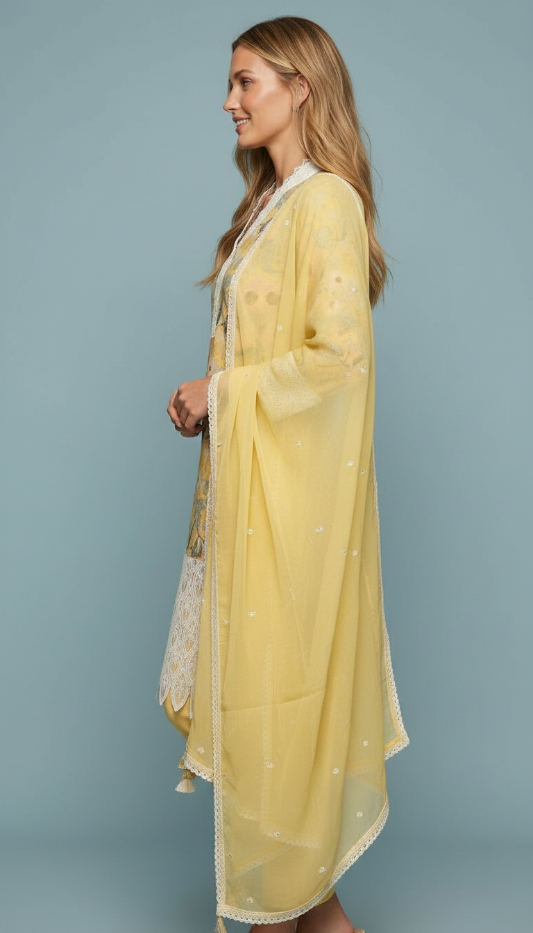 Printed Soft Cotton Lees Work Unstitched Suit - Yellow A / HC001672 view 2