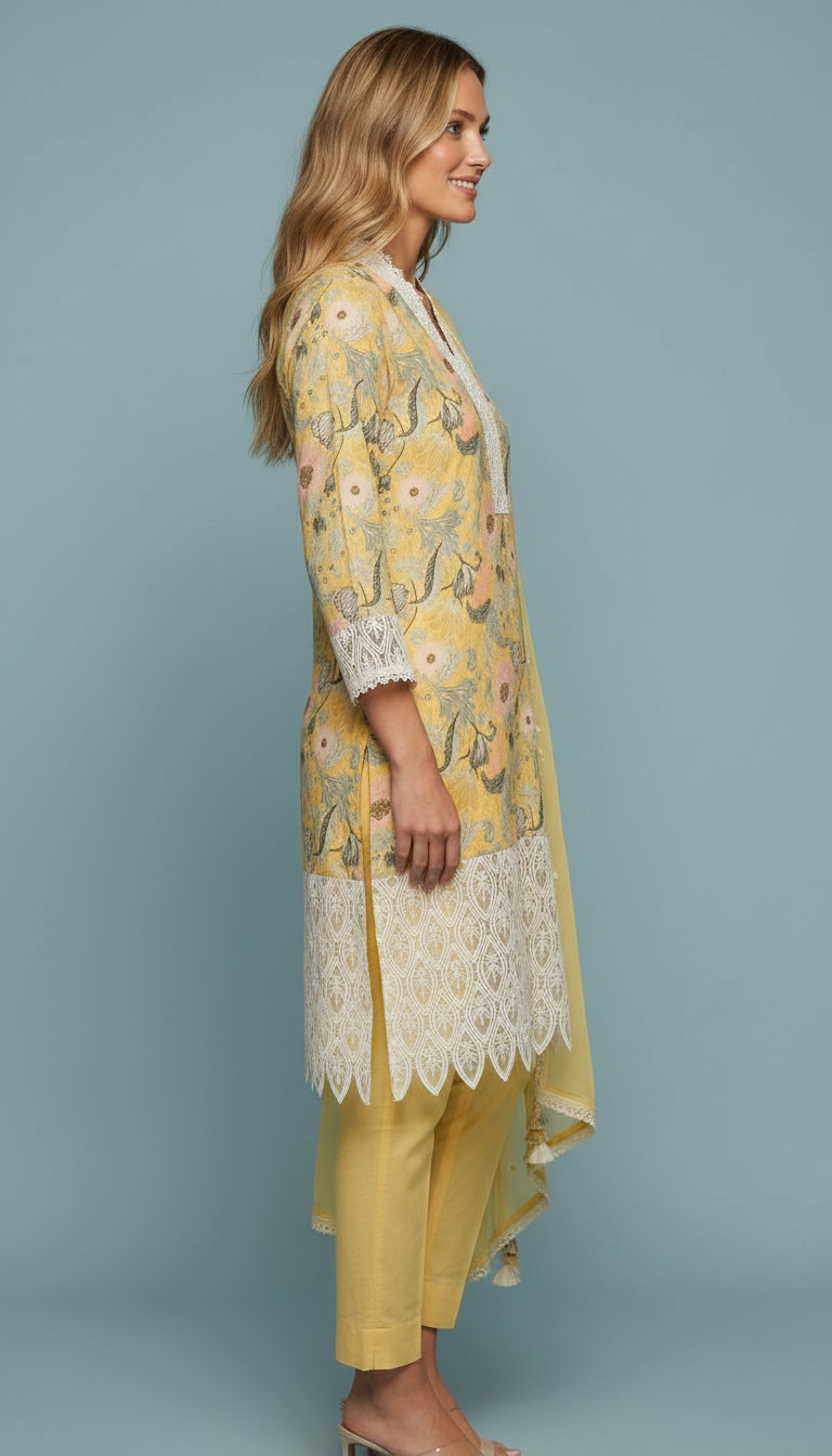 Printed Soft Cotton Lees Work Unstitched Suit - Yellow A / HC001672 view 3