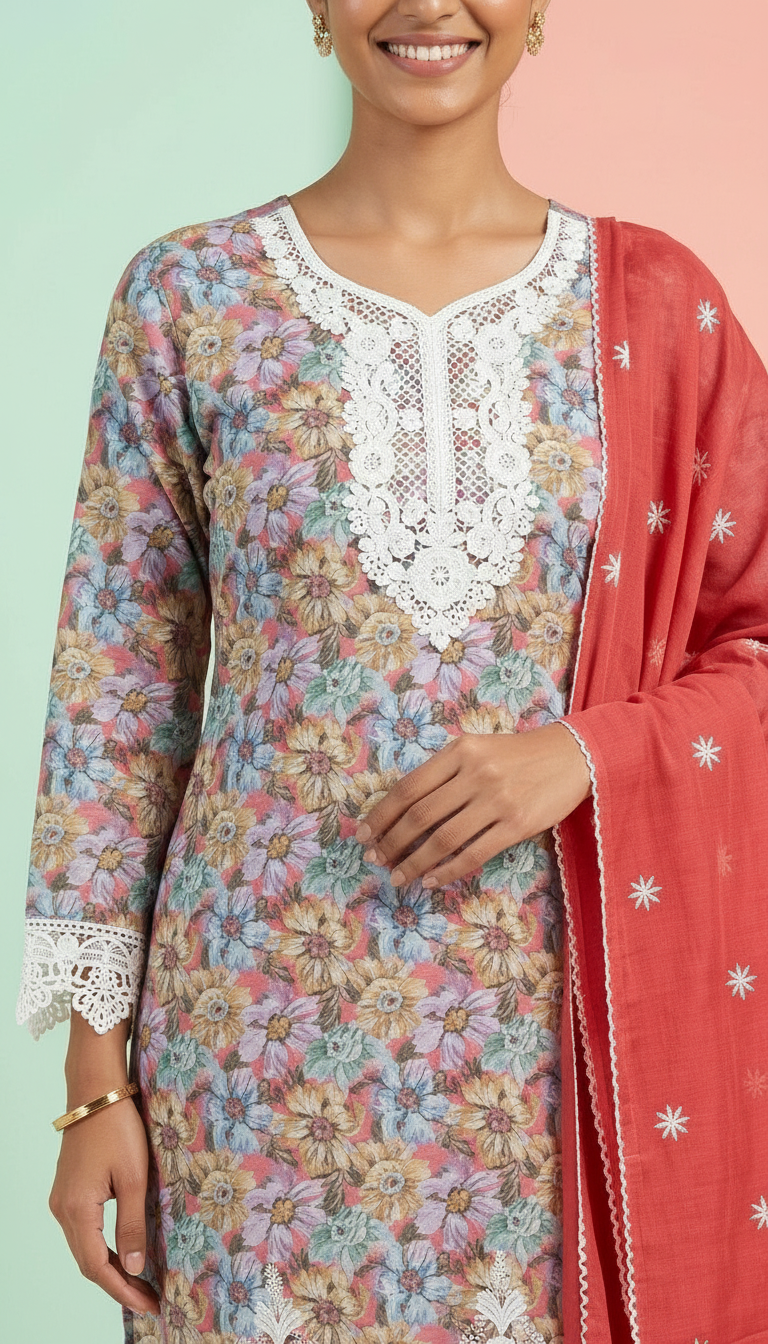 Floral Printed Viscose Cotton Lees Work Unstitched  Suit -Gajri / HC001640 view 3