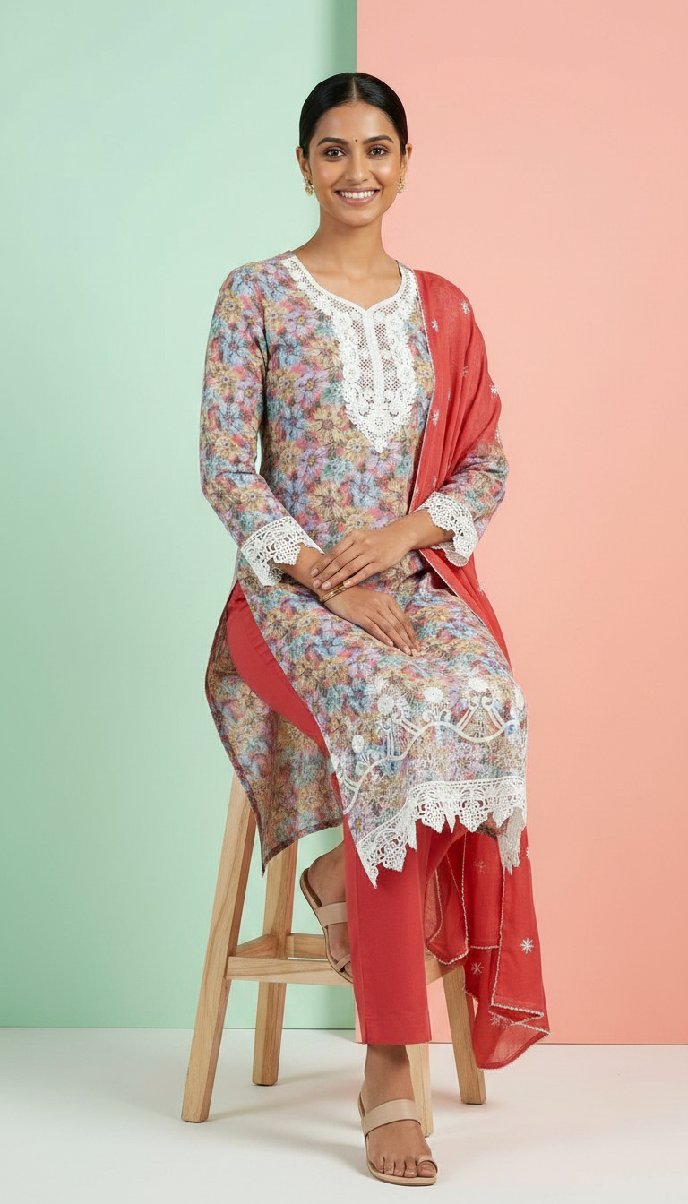 Floral Printed Viscose Cotton Lees Work Unstitched  Suit -Gajri / HC001640 view 5