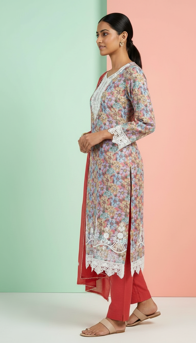 Floral Printed Viscose Cotton Lees Work Unstitched  Suit -Gajri / HC001640 view 2