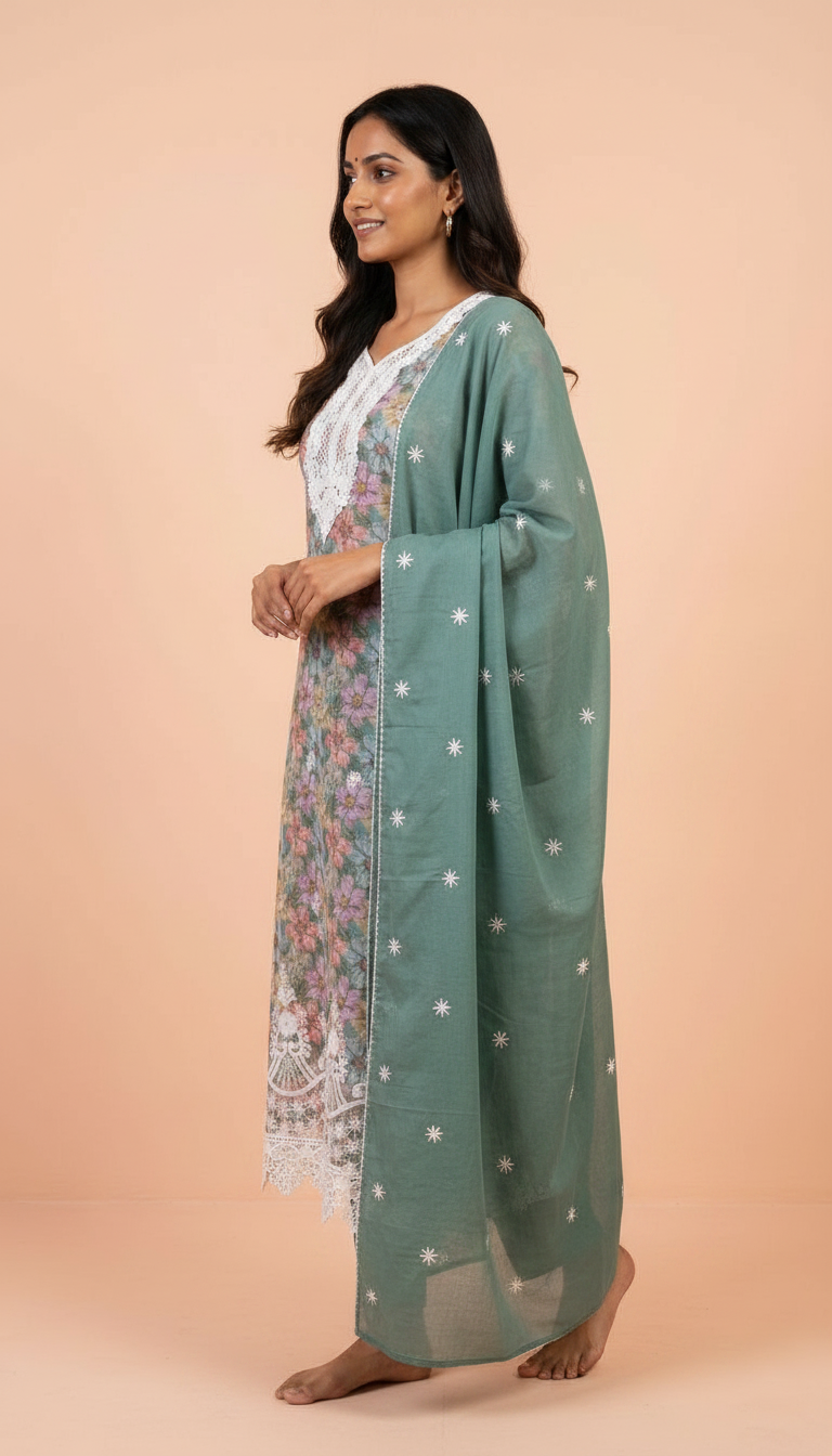Floral Printed Viscose Cotton Lees Work Unstitched  Suit - Green / HC001640 view 2