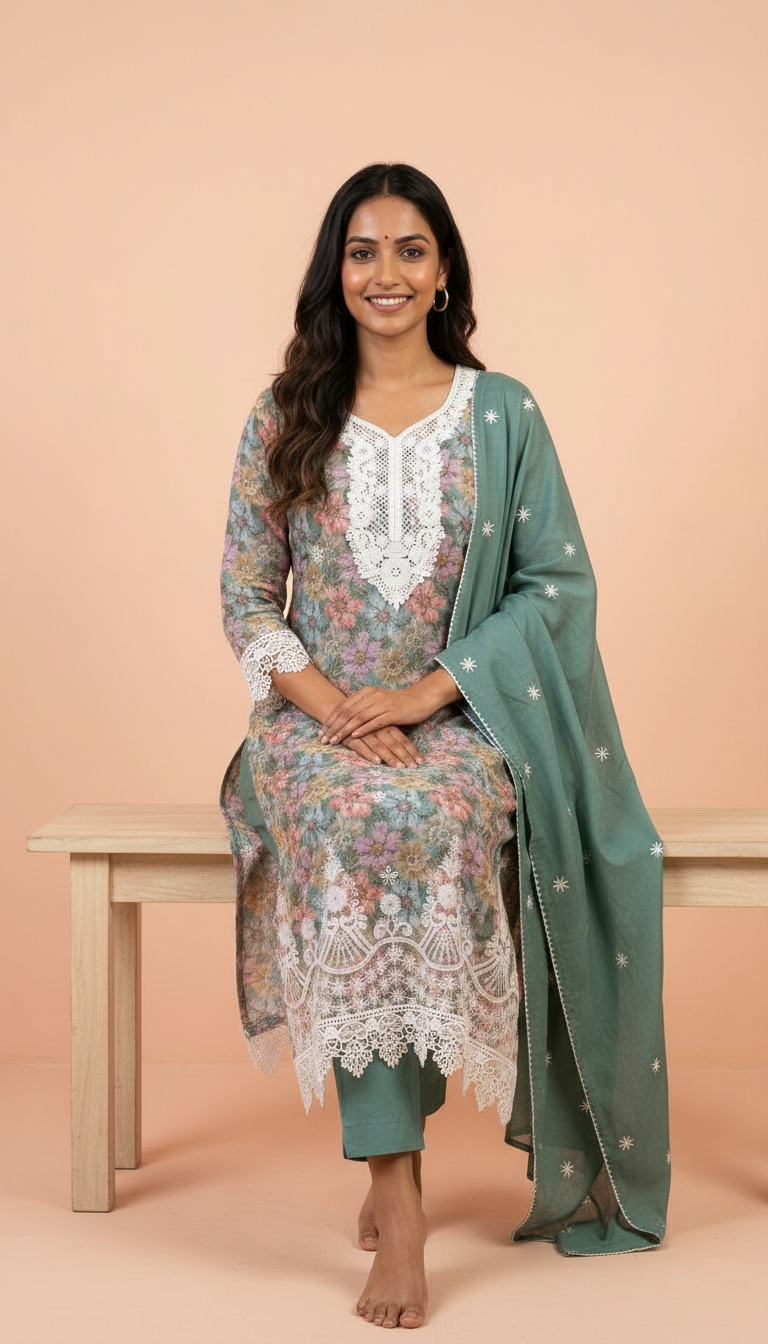 Floral Printed Viscose Cotton Lees Work Unstitched  Suit - Green / HC001640 view 5