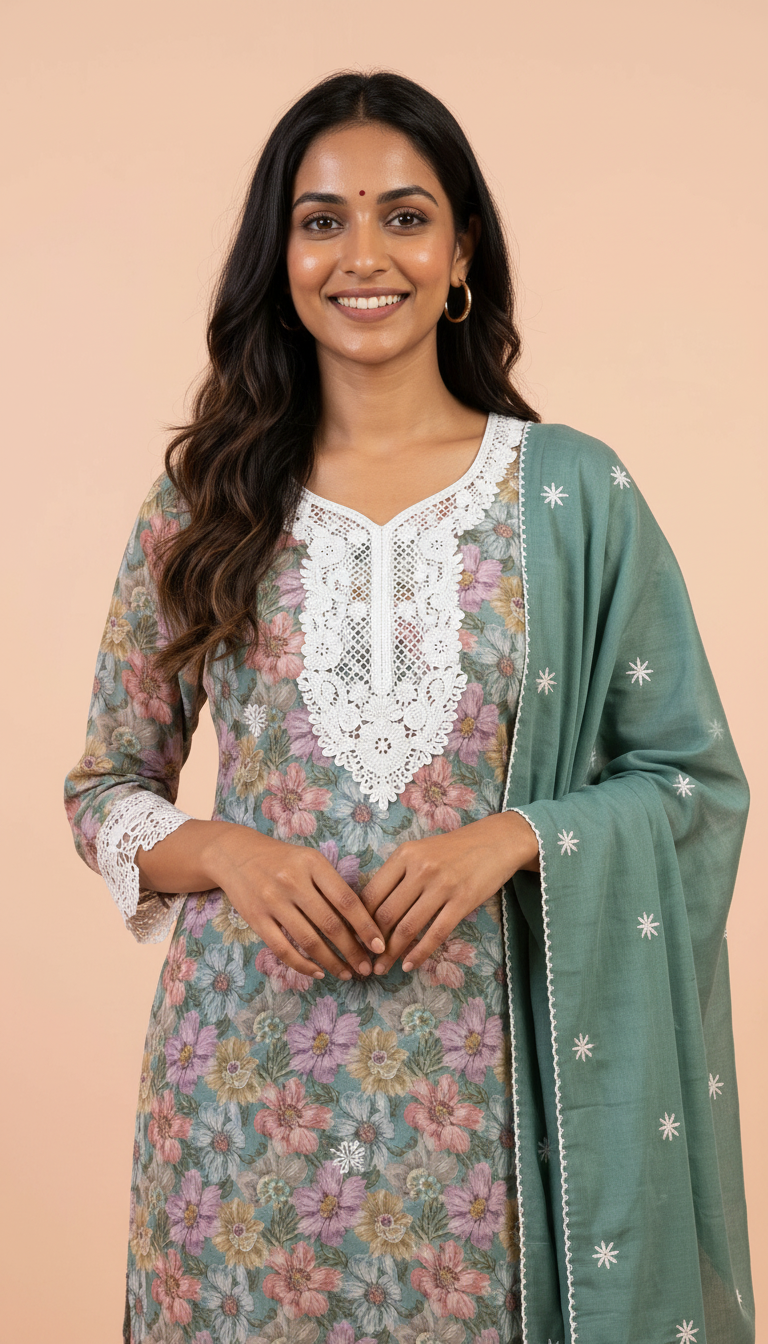 Floral Printed Viscose Cotton Lees Work Unstitched  Suit - Green / HC001640 view 4