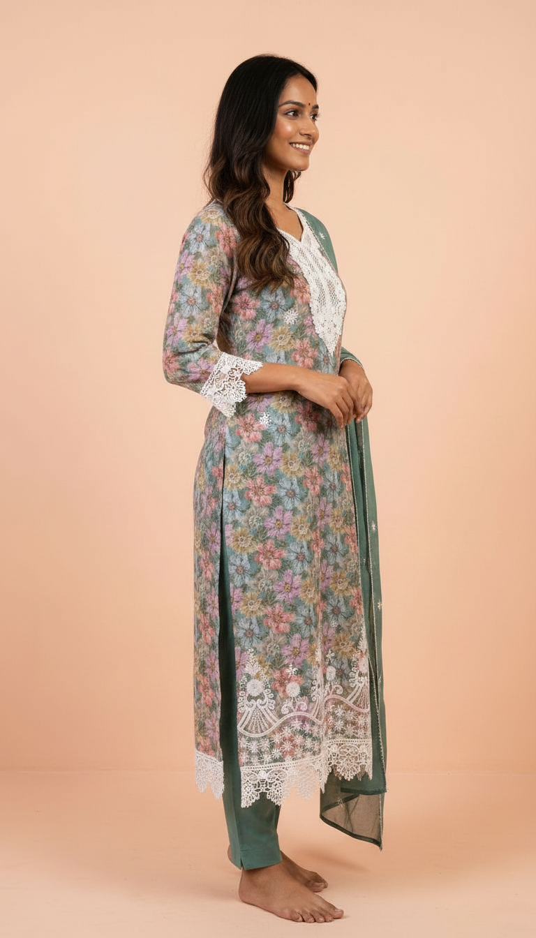 Floral Printed Viscose Cotton Lees Work Unstitched  Suit - Green / HC001640 view 3
