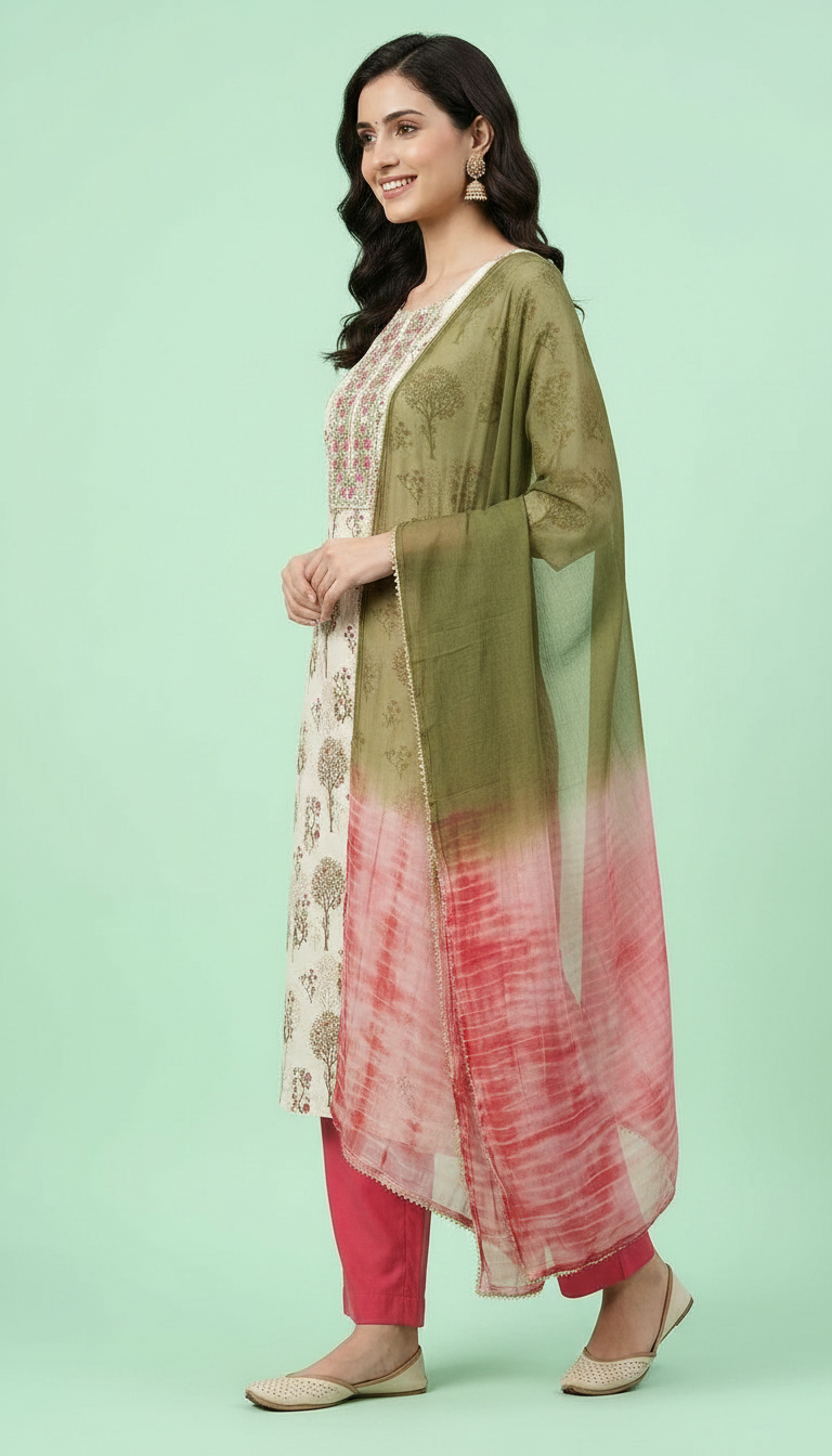 Floral Printed Pure Cotton Unstitched Suit - Cream Gajri view 3