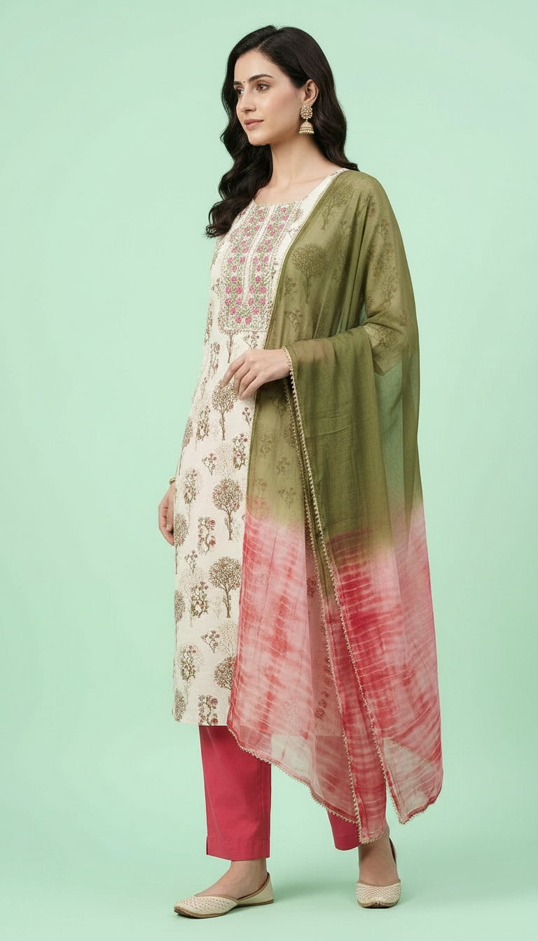 Floral Printed Pure Cotton Unstitched Suit - Cream Gajri view 2