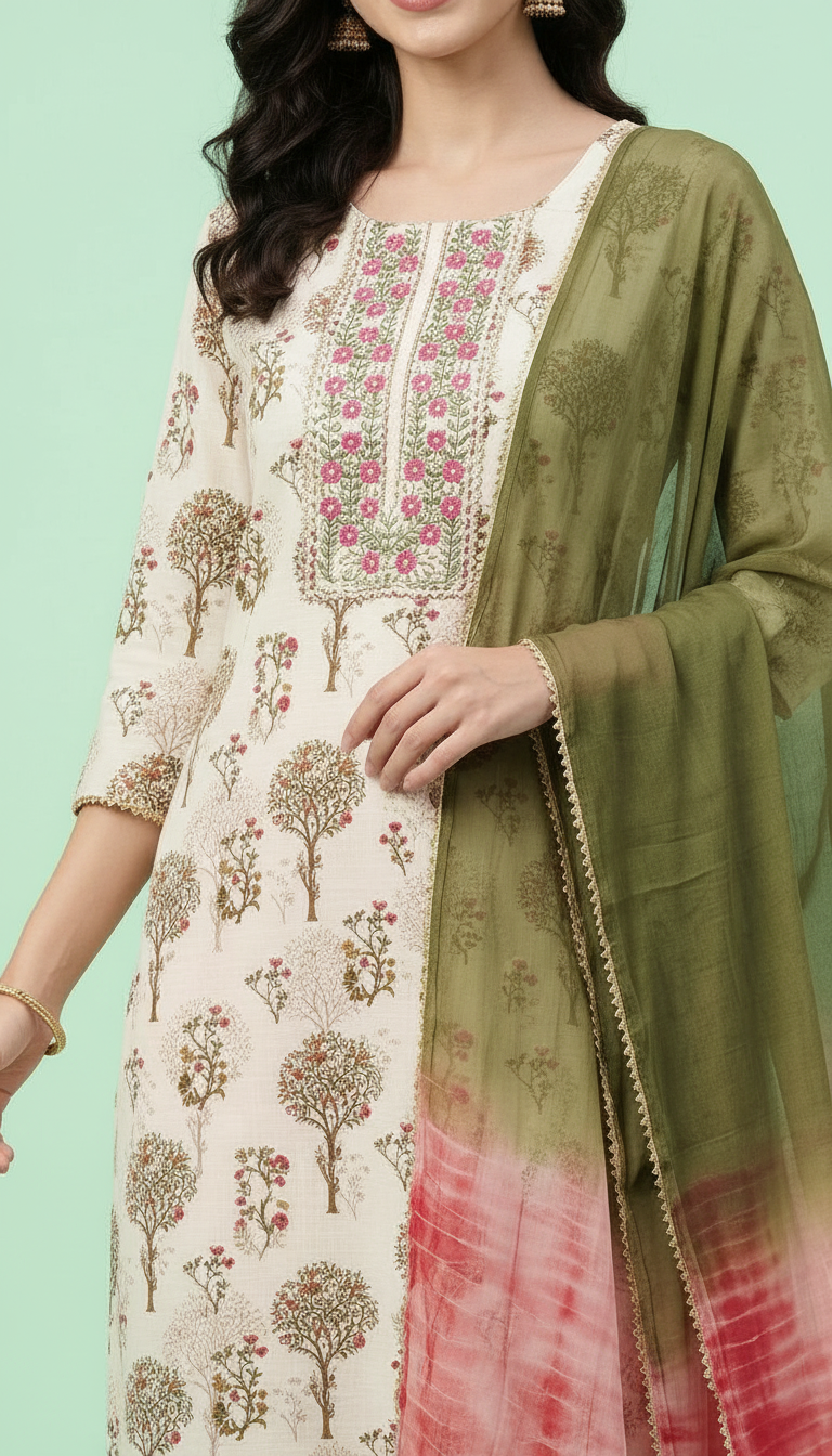 Floral Printed Pure Cotton Unstitched Suit - Cream Gajri view 4