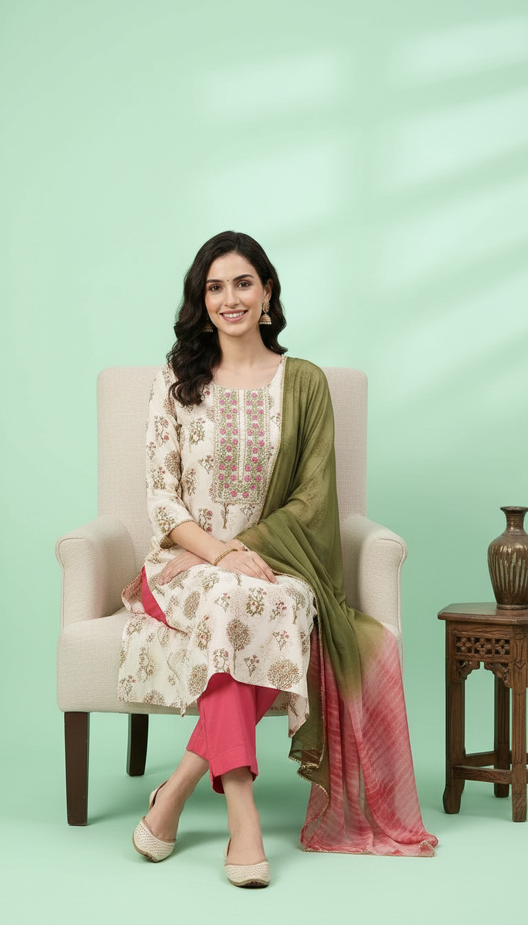 Floral Printed Pure Cotton Unstitched Suit - Cream Gajri view 5