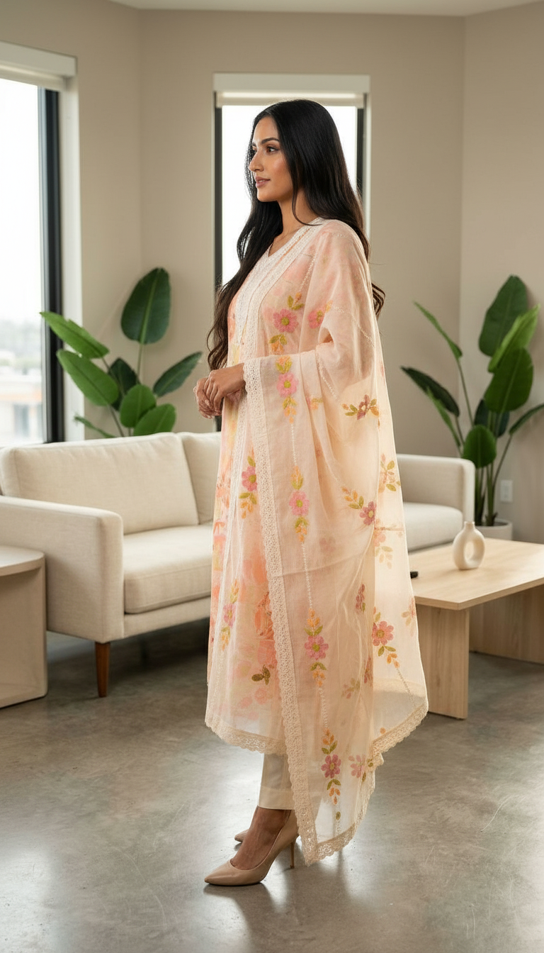 Elegant Floral Pure Cotton Unstitched Suit Cream Floral view 2