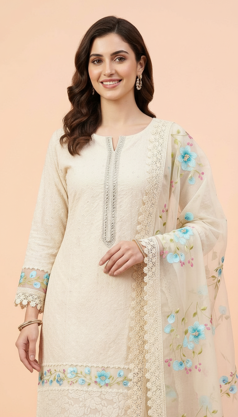 Hakoba Chicken Kari Pure Cotton Embroidered Suit Cream A / HC001672 view 3