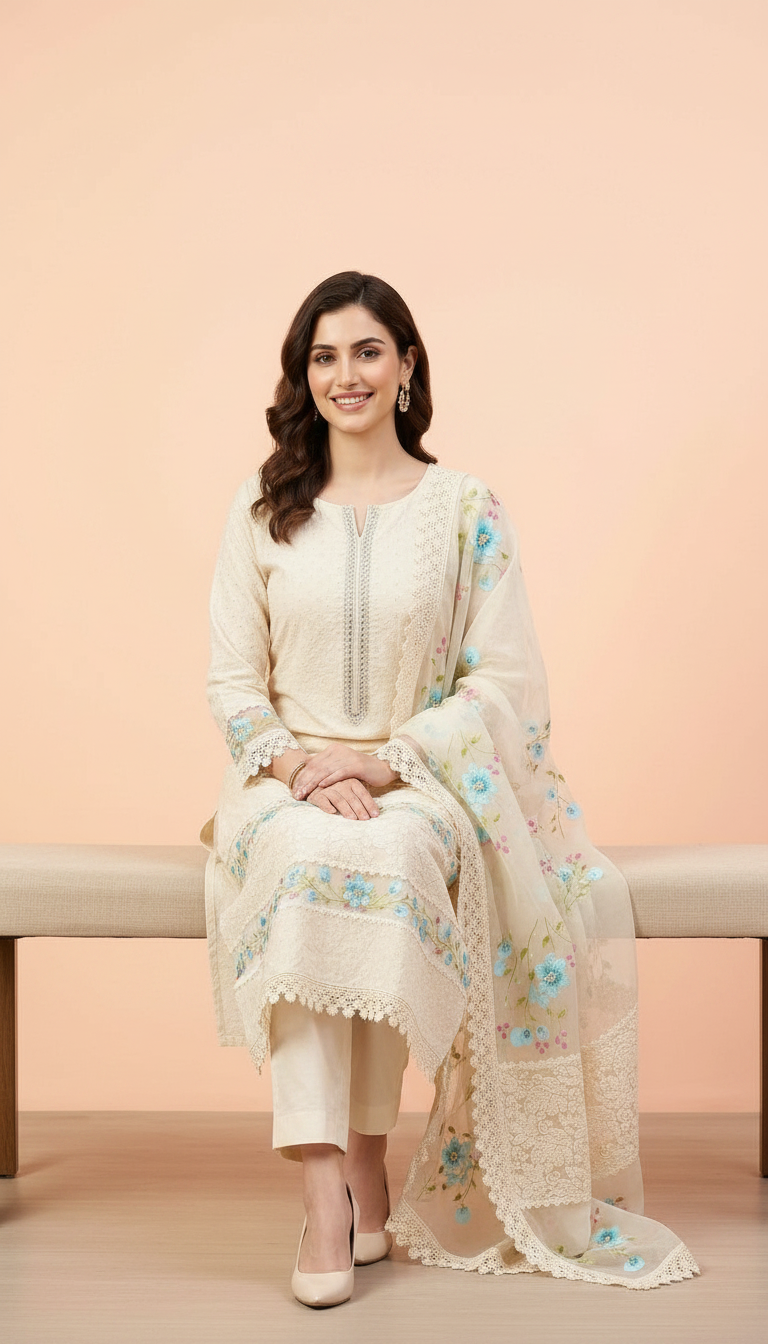Hakoba Chicken Kari Pure Cotton Embroidered Suit Cream A / HC001672 view 4