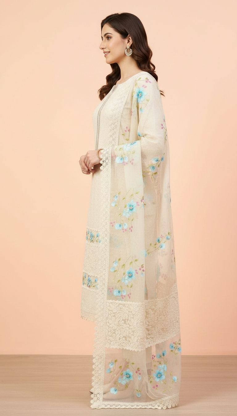 Hakoba Chicken Kari Pure Cotton Embroidered Suit Cream A / HC001672 view 2