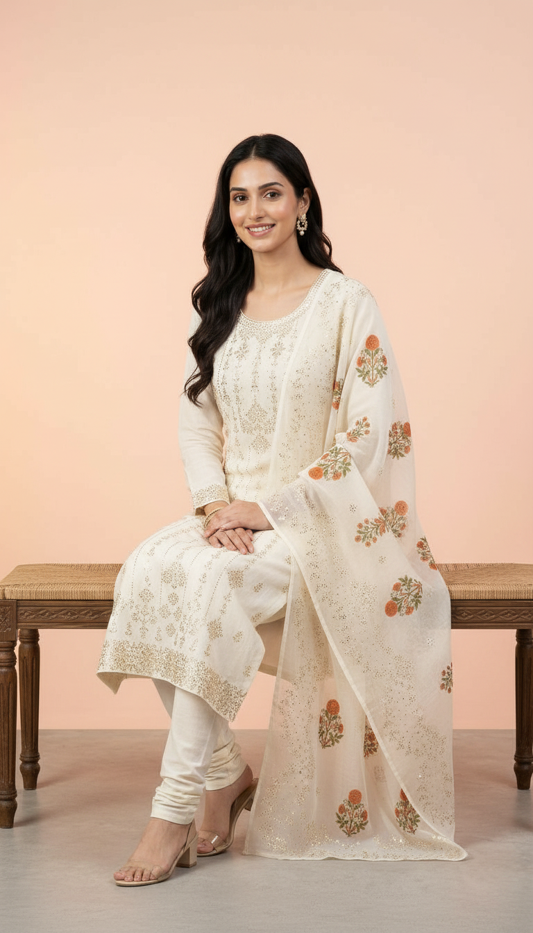 Heavy Embroidered Mukesh Work Unstitched Suit  White - C / HC002255 view 5