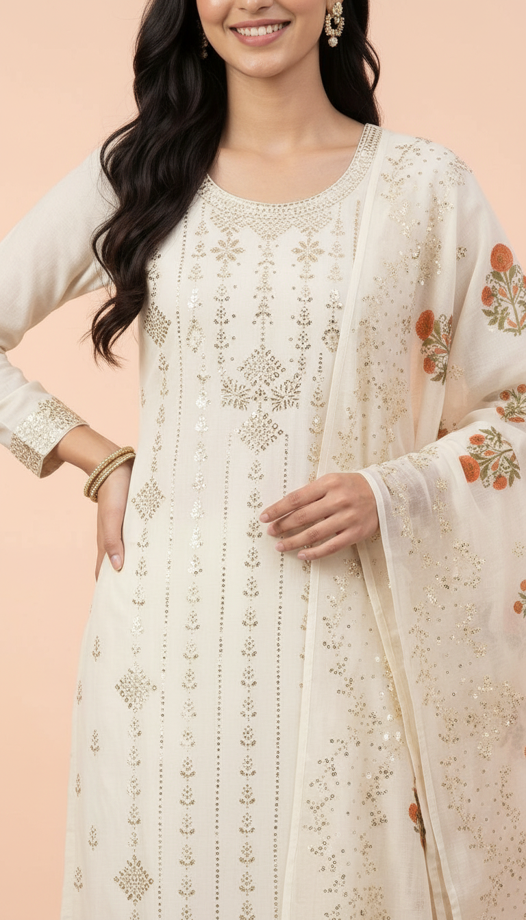 Heavy Embroidered Mukesh Work Unstitched Suit  White - C / HC002255 view 4