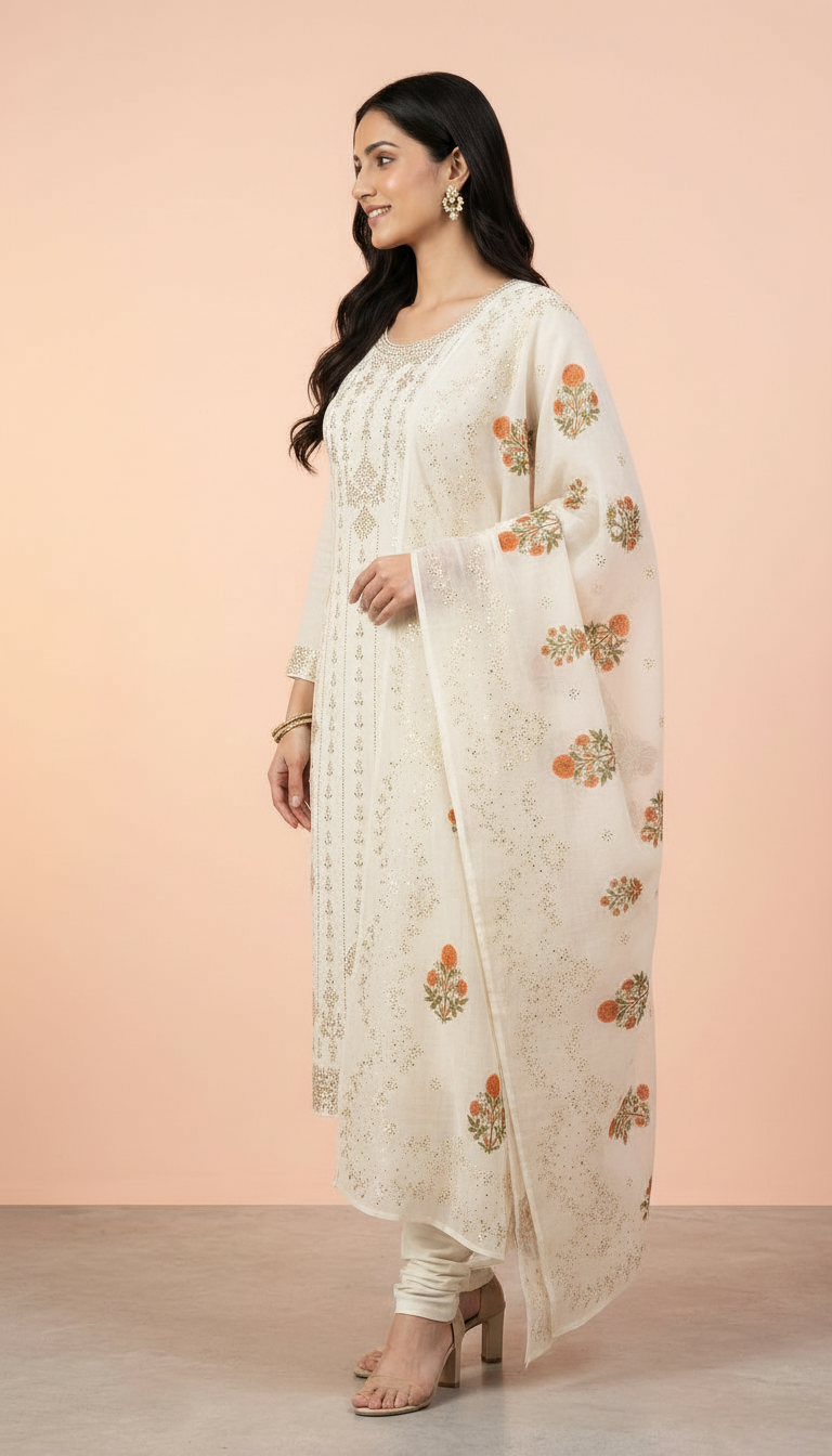 Heavy Embroidered Mukesh Work Unstitched Suit  White - C / HC002255 view 2
