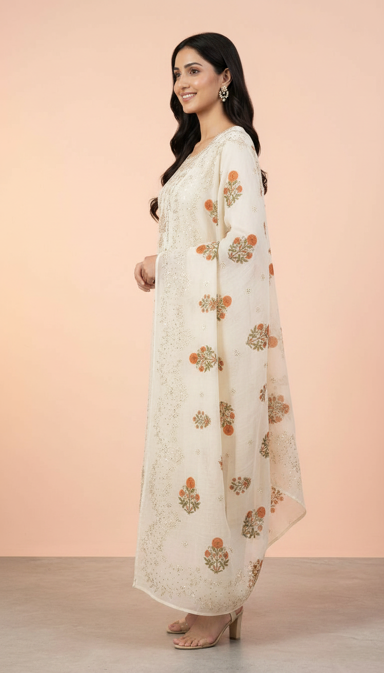 Heavy Embroidered Mukesh Work Unstitched Suit  White - C / HC002255 view 3