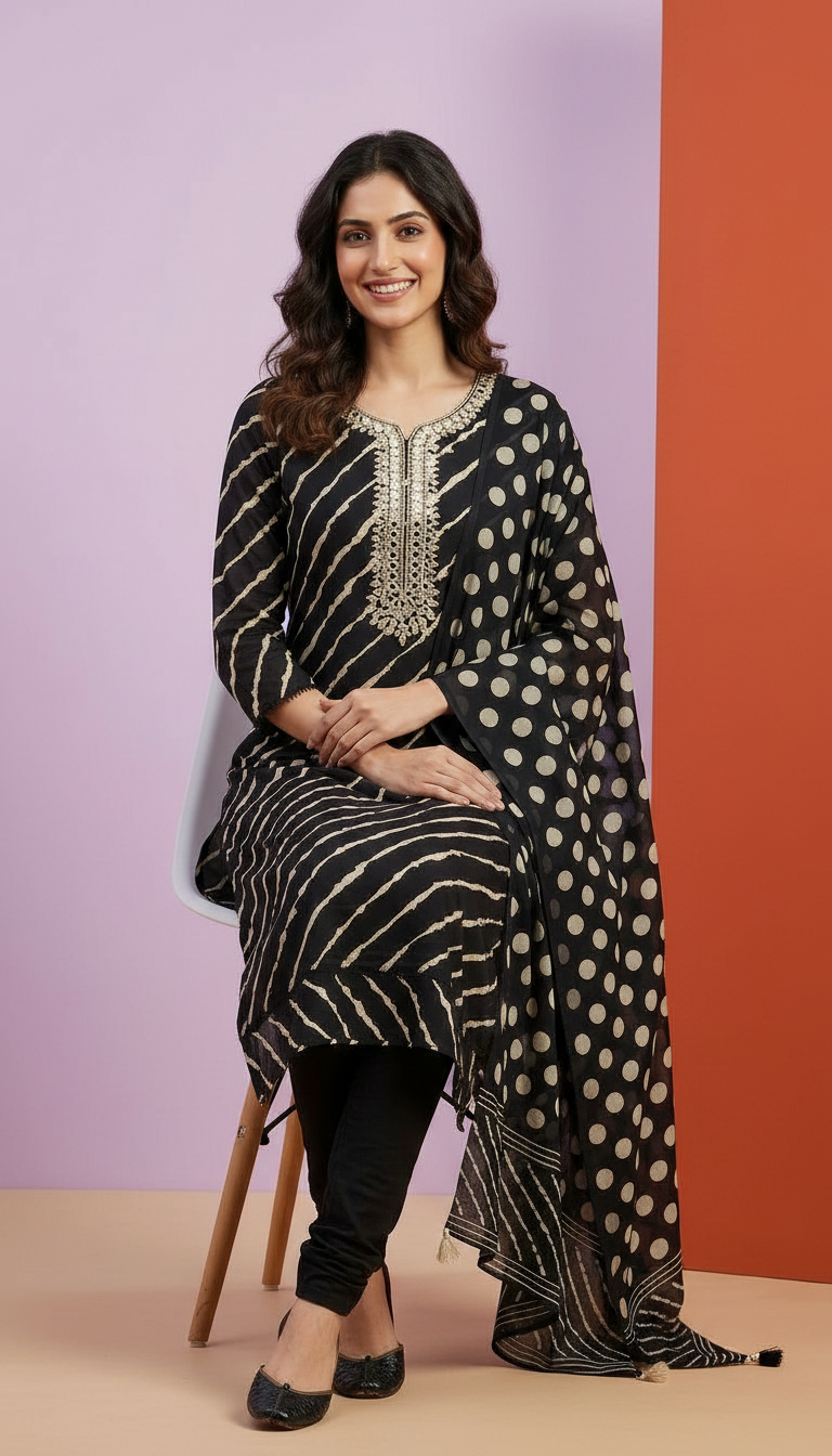 Mirror Work Embroidered Cotton Designer Unstitched Suit - Black / HC002235 view 5