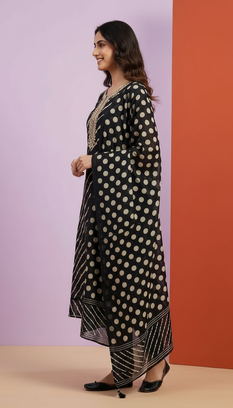 Mirror Work Embroidered Cotton Designer Unstitched Suit - Black / HC002235 view 2
