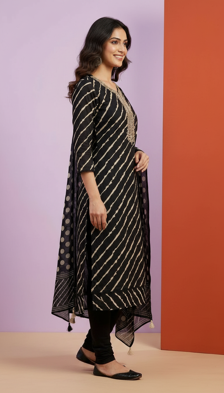 Mirror Work Embroidered Cotton Designer Unstitched Suit - Black / HC002235 view 3